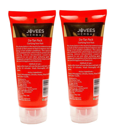Jovees Herbal De-Tan Face Pack | Contains Wheat Germ and Carrot | For Tan Removal and Skin Revitalization | Bright and Glowing Skin 100gm (Pack of 2)